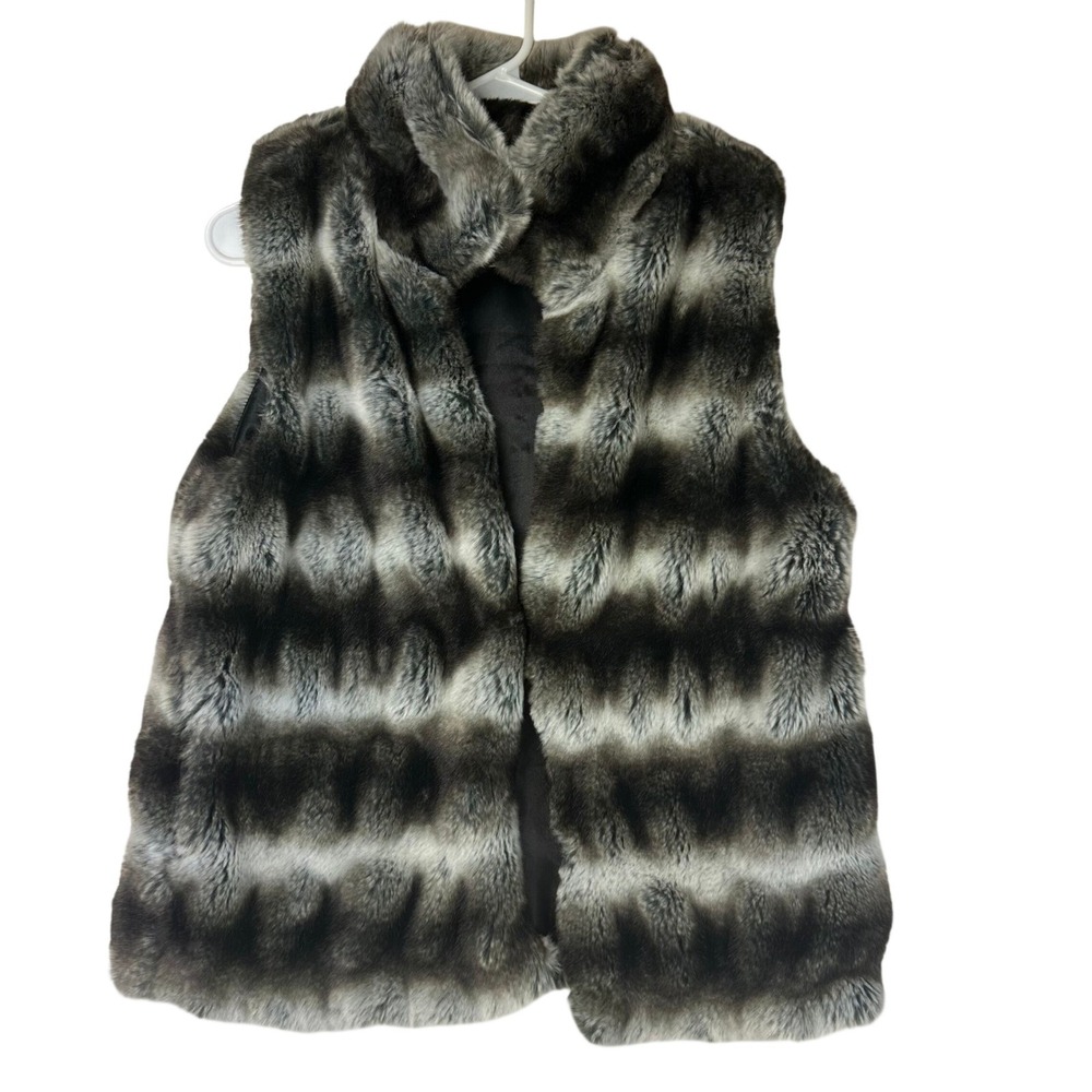 Jennifer Lopez‎ Faux Fur Vest Women's S Striped Charcoal Gray White Y2K Glam